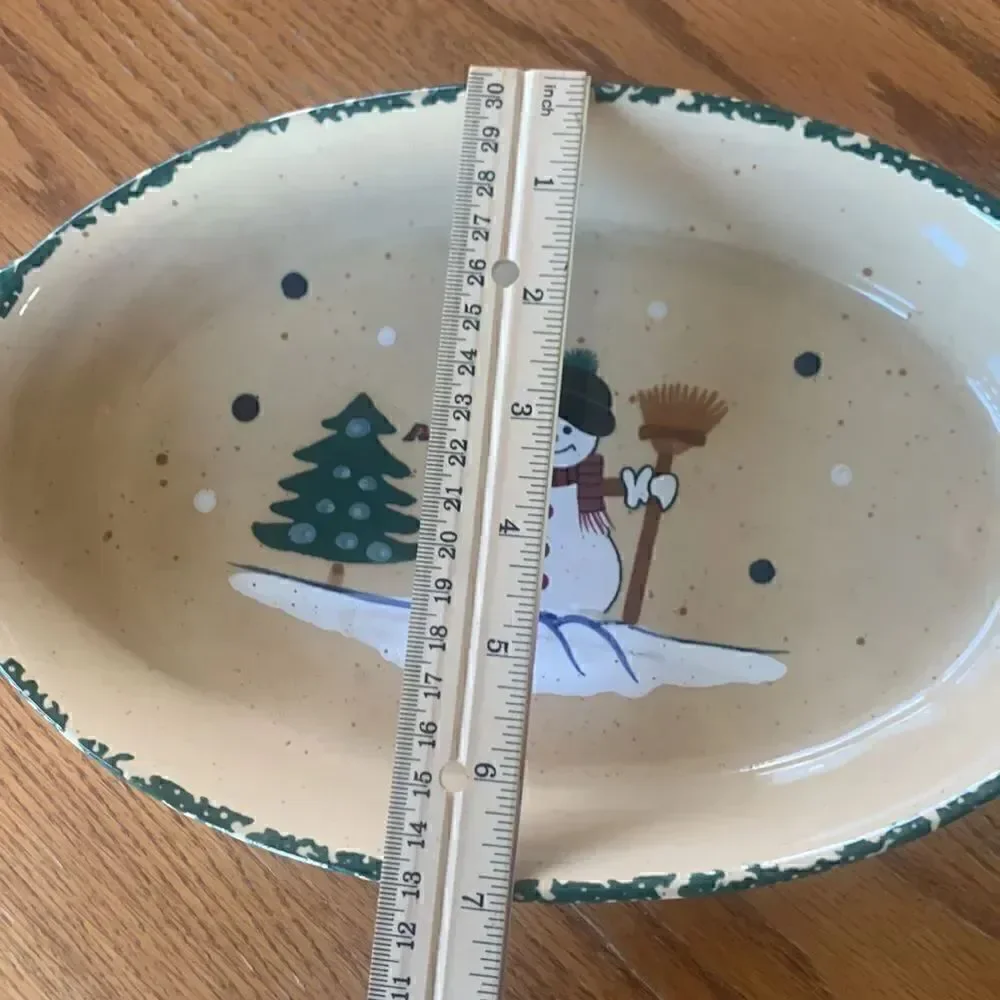 Stoneware Casserole Dish Green Spongeware Snowman